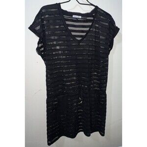 Calvin Klein Swimwear Black Tunic Cover Up Dress Womens Open-Knit Striped V-Neck